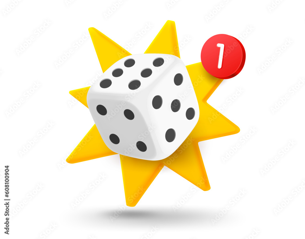 Poster Dice with explosion effect. 3d vector mobile application icon with notification