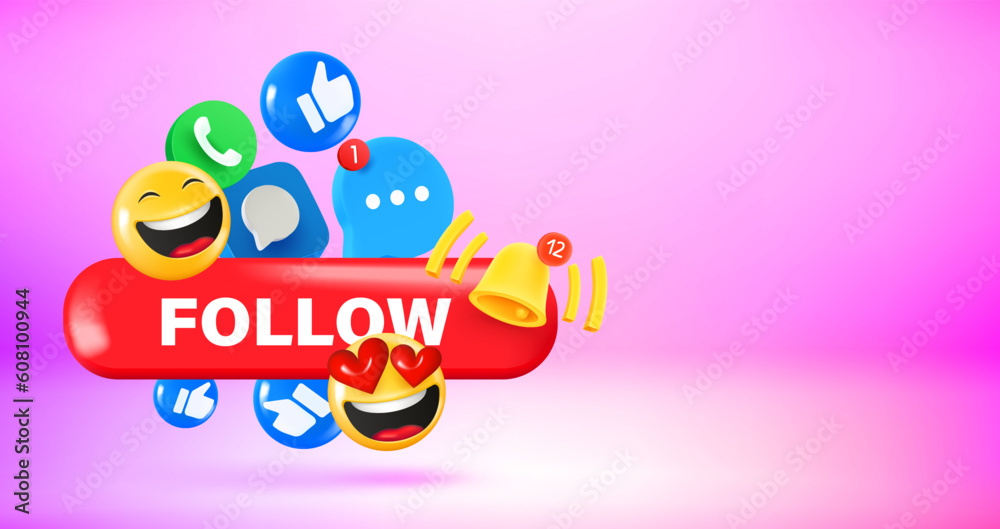 Poster Social media icons and emoji and Follow button. Vector 3d banner with copy space