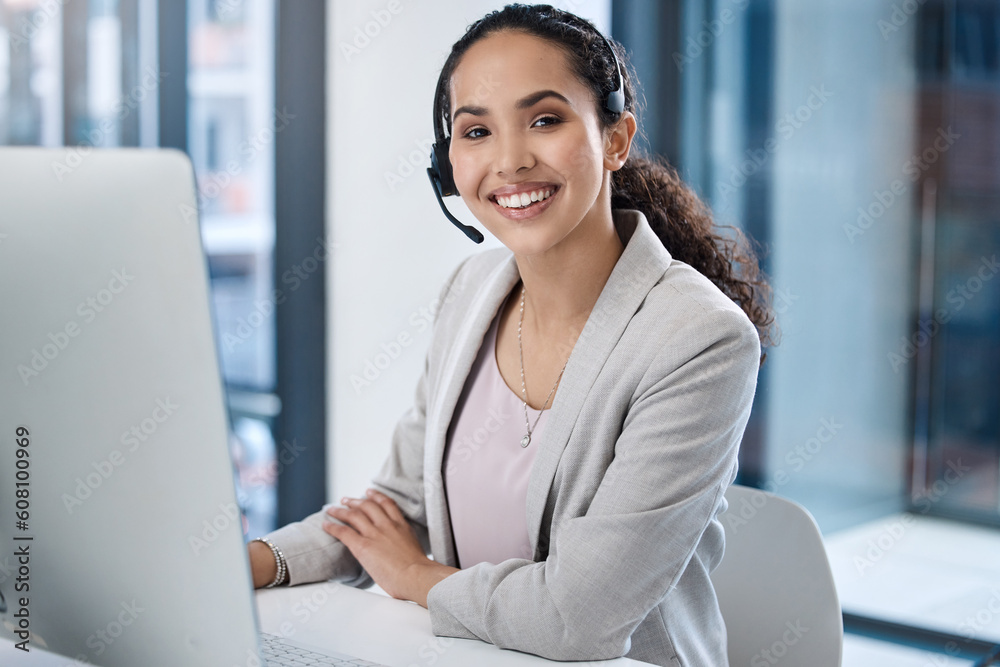 Poster call center, consultant woman and pc with smile in office for customer service, tech support and it 
