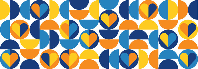 Abstract vector geometric banner in blue and orange shades. Seamless bauhaus style pattern with hearts