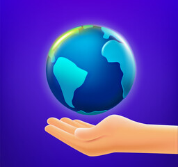 Safe planet concept. Hand with the Earth. 3d vector illustration