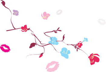 colorful flowers and branches around the traces of kisses