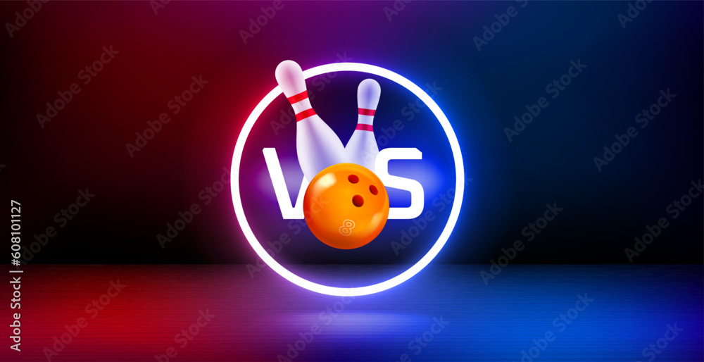 Aufkleber Showcase and shining neon frame and bowling battle concept. 3d vector banner with copy space