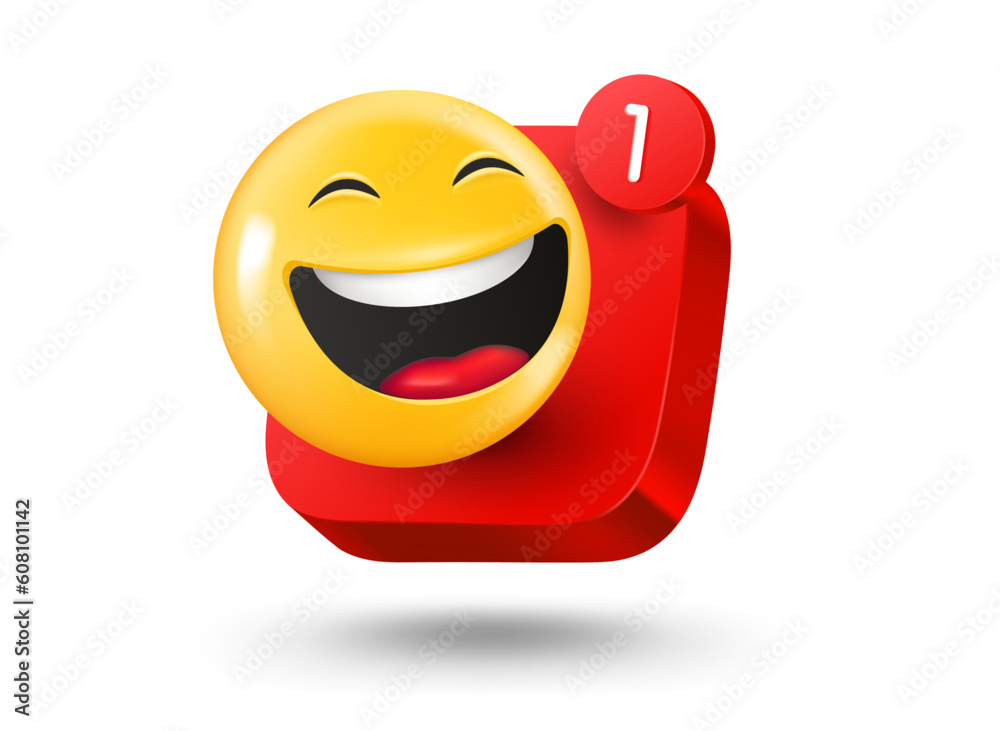 Poster Mobile app button with emoji. 3d vector mobile application icon with notification