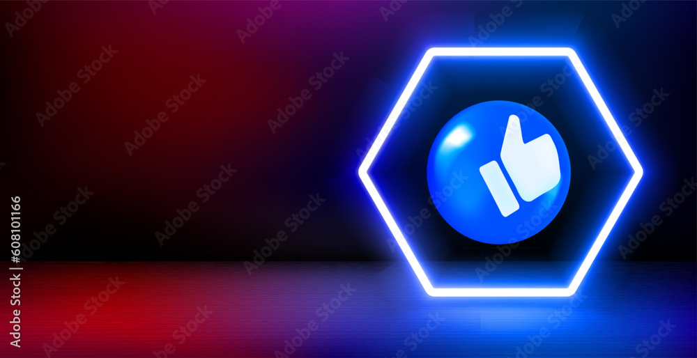 Poster product showcase and shining neon frame with thumbs up sign. 3d vector banner with copy space