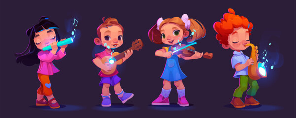 Children playing music instruments isolated on black background. Vector cartoon illustration of girls and boys with flute, violin, guitar, saxophone performing at school concert, neon notes in air © klyaksun