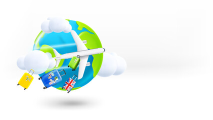 The Earth with modern aircraft. Lost baggage concept. 3d vector banner with copy space