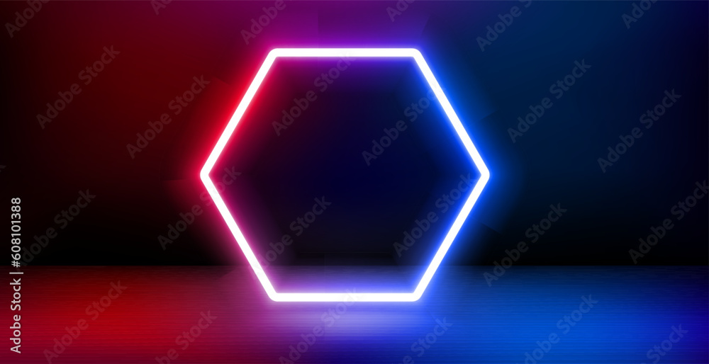 Poster Empty product showcase and shining neon frame. 3d vector banner with copy space