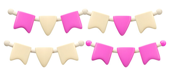 Pink bunting flags 3d icon. Party decoration, vector elements in simple minimal style, isolated on white background