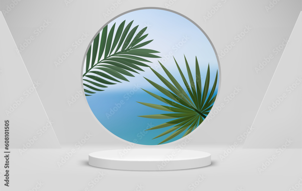 Aufkleber White interior with podium and circle window with landscape and leaves. Eco friendly product showcase template. 3d vector background