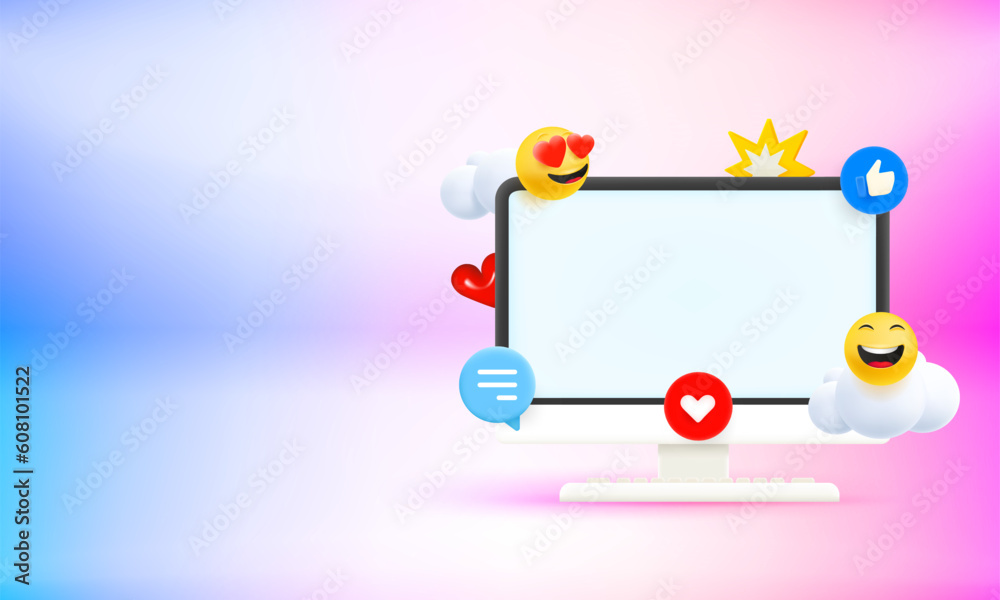 Poster Computer monitor with social media elements and blank screen. 3d vector banner with copy space
