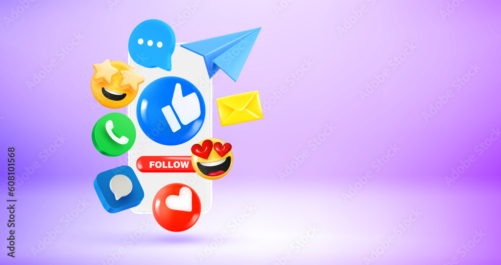 Aufkleber man holding smartphone with social media icons and emoji. vector 3d banner with copy space