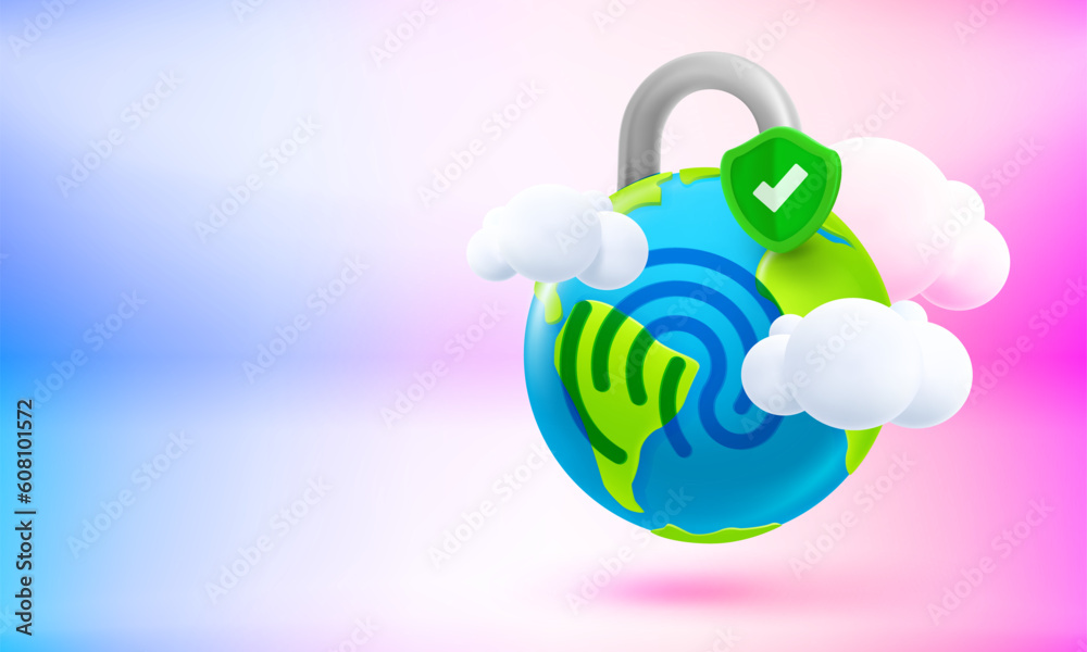 Poster the earth with fingerprint. world security concept. 3d vector banner with copy space