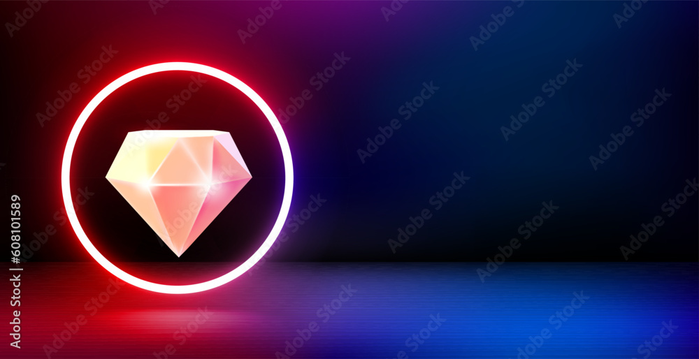 Poster product showcase and shining neon frame with diamond. 3d vector banner with copy space