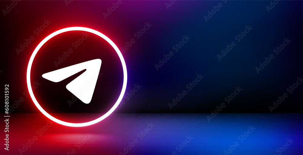 Aufkleber Banner with shining neon frame and airplane icon. 3d vector banner with copy space