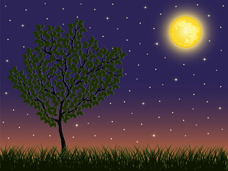 Night background with a tree. Vector illustration.