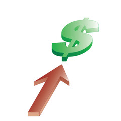 Red arrow upwards and a green dollar sign