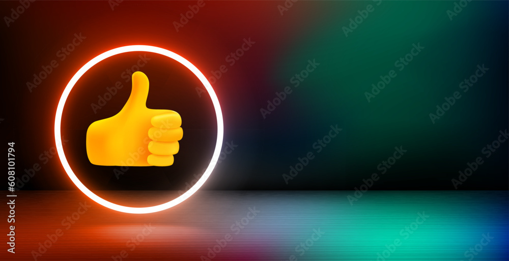 Poster banner with shining neon frame and thumbs up icon. 3d vector illustration with copy space