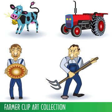 A collection of two different farmers, a cow and a tractor.