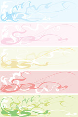 Five abstract banners of different colours with a pattern