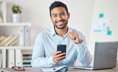 Happy, phone and portrait of business man in a office with startup and technology. Motivation,...