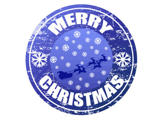 Blue grunge rubber stamp with Flying Santa, snowflakes and the text Merry Christmas written inside the stamp