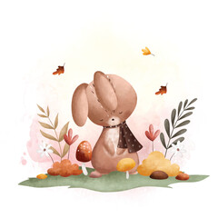 Watercolor Illustration cute rabbit at the garden with flowers and autumn leaves