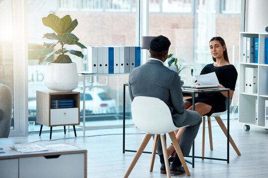 Business meeting, hiring and cv of a corporate woman with hr and communication in office. Paperwork, interview and outsourcing in a company with professional opportunity in the workplace with offer