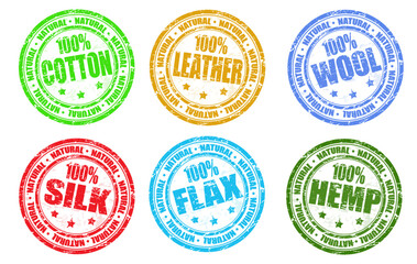 Obraz premium Natural products sale stamps vector set with: cotton, leather, wool, silk, flax and hemp