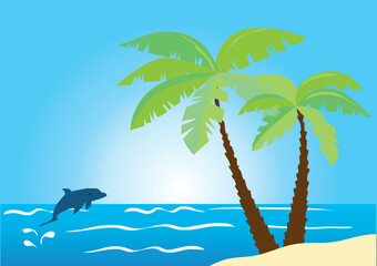 Fototapeta na wymiar vector illustration of a beach with palm trees and a dolphin