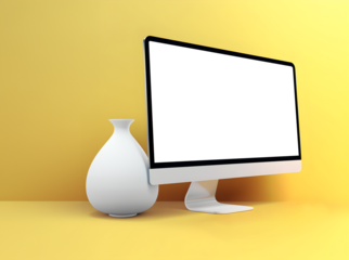 Tablet desktop computer smartphone handphone with transparent screen cutout on bright background, PNG file. Mockup template for artwork design. Copy text space. 3D rendering