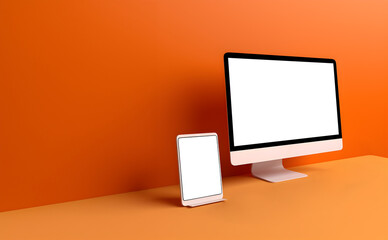 Tablet desktop computer smartphone handphone with transparent screen cutout on bright background, PNG file. Mockup template for artwork design. Copy text space. 3D rendering