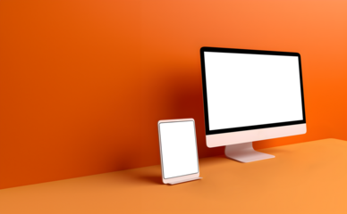 Tablet desktop computer smartphone handphone with transparent screen cutout on bright background, PNG file. Mockup template for artwork design. Copy text space. 3D rendering