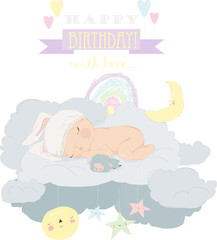 Vector Illustration of Cartoon Baby sleeping on a Cloud