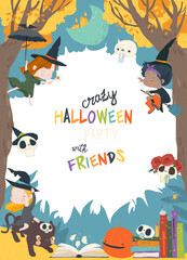 Vector Halloween Frame with Cute Witches, Pumpkin and Magic Books