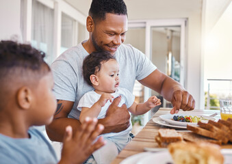 Family home, lunch and balcony with kids, father and son with fruit, food and helping hand for...