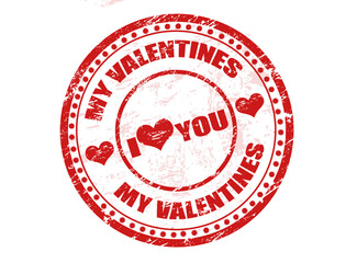 Red grunge rubber stamp with the text my valentines - I love you, written inside the stamp