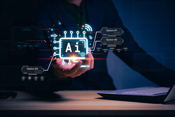 Businessman holding hologram Ai Chat system virtual icon  intelligence Ai, Chat with AI Artificial Intelligence, Futuristic technology, robot in online system.