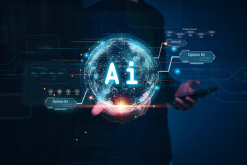 Businessman touching hologram Ai Chat system virtual icon  intelligence Ai, Chat with AI Artificial Intelligence, Futuristic technology, robot in online system.