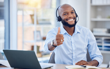 Man at callcenter, thumbs up in portrait and contact us, communication of support and agreement...