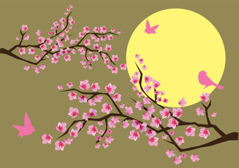 vector illustration of cherry blossom with birds and moon background