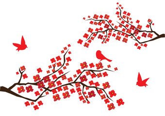 Fototapeta na wymiar vector illustration of blossom branches with red flowers and birds