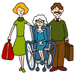 An image of a family moving elderly woman to a nursing home.