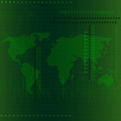 Tech background with software code lines and earth map.