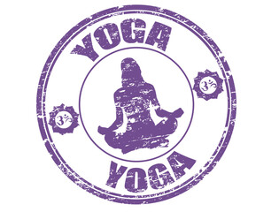 Grunge rubber stamp with woman silhouette practicing Yoga, hinduism symbols and the word Yoga written inside the stamp