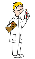 An image of a lab technician looking at a vial of blood sample.