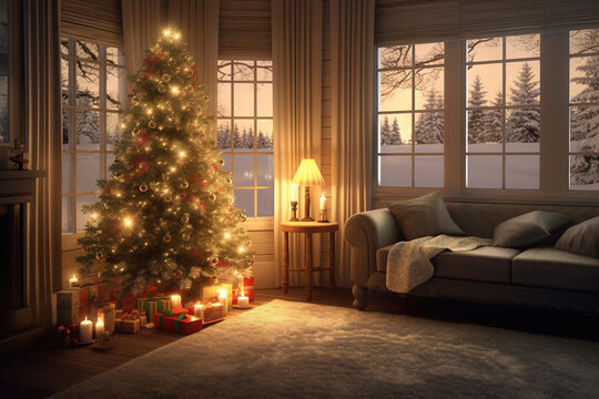 Beautiful Christmas decorated interior. Generative art