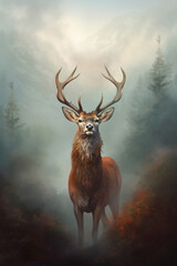 Gorgeous deer in the woods surrounded by morning fog. Stunning photoreal fine art generated by Ai. Is not based on any specific real image or character