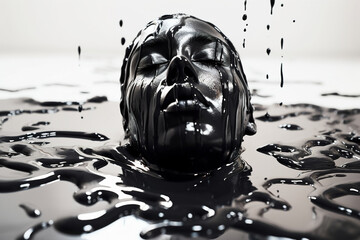 Abstract human face appears from the puddle of black liquid on the white floor. Generative art