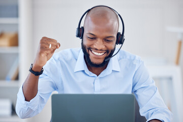 Black man, fist pump and callcenter worker with win, smile with headset, communication and success...